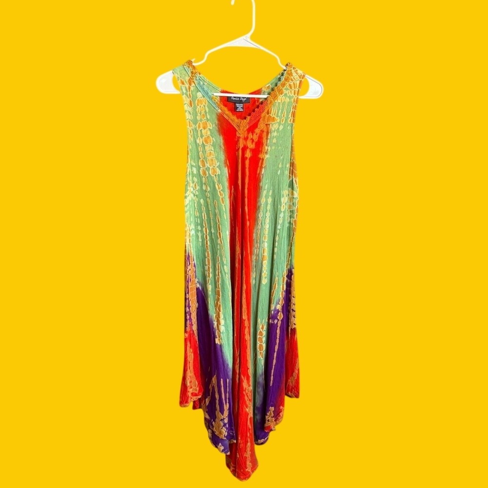 Charlie Paige Tie Dye Handkerchief Hem Dress One Size Boho Psychedelic Red Green